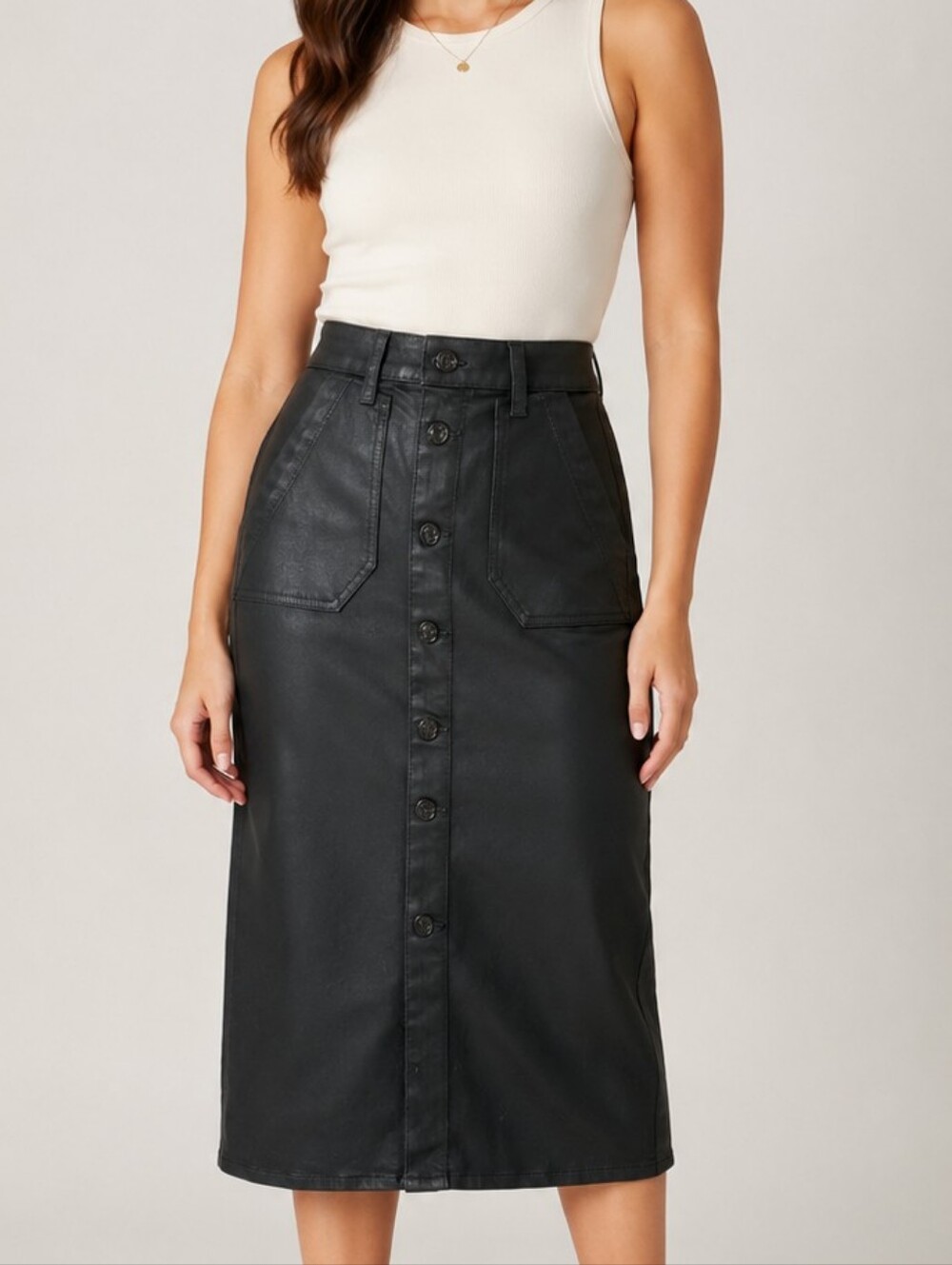 PAIGE Black Coated Denim Button-Front Midi Skirt Size 24